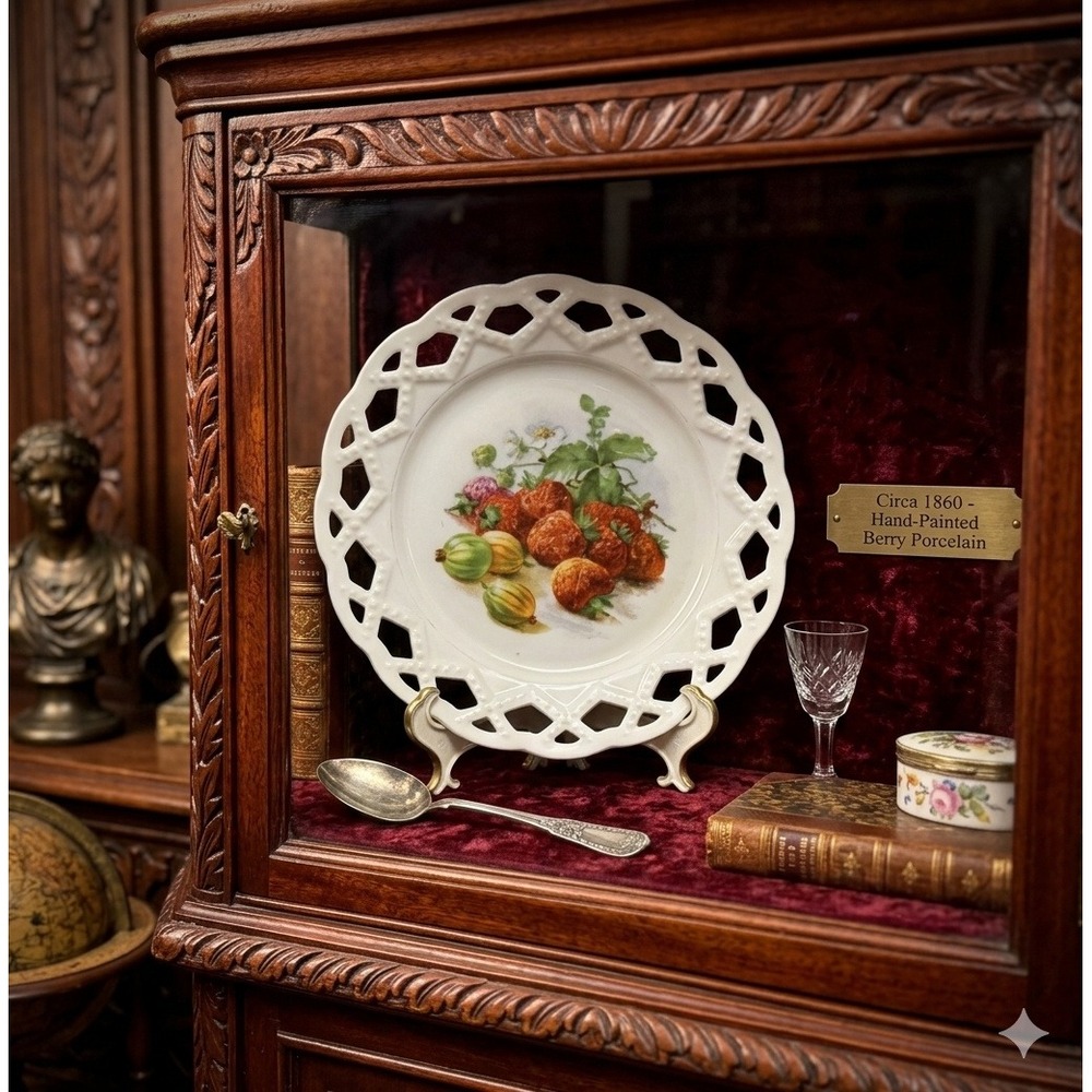 Antique German Reticulated Porcelain Plate Hand Painted StrawberriesGooseberries - Picture 2 of 10